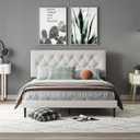 LUBEDCY Queen Size Velvet Platform Bed Frame with Upholstered Headboard, Sturdy Wooden Slats, No Springs Required, Easy to Assemble, Noiseless Sleep, Light Grey