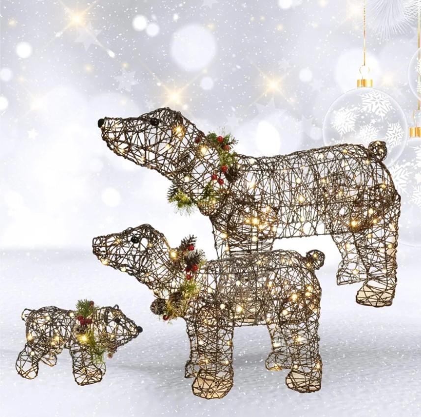 Lighted Christmas Decorations Outdoor Rattan Polar Bear 3-Piece - HOYECHI Polar Bear Family with 140 LED Lights, Zip Ties, Ground Stakes for Front Yard, Lawn - Rattan/Brown