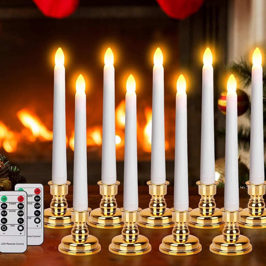 Daord LED Flameless Flickering Taper Candles with Remote & Timer Warm Light Battery Operated Christmas Window Candle for Wedding Party Holiday Home Table Decoration (9 Packs,White+Gold Holder(A))