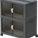 Stackable Storage Bins, Plastic Collapsible Storage Bins with Lid and Wheels, Folding Closet Organizer Clear Doors, Foldable Cabinet Storage Boxes for Home, Pantry, Office, Dorm (M, Gray 2-Tier)