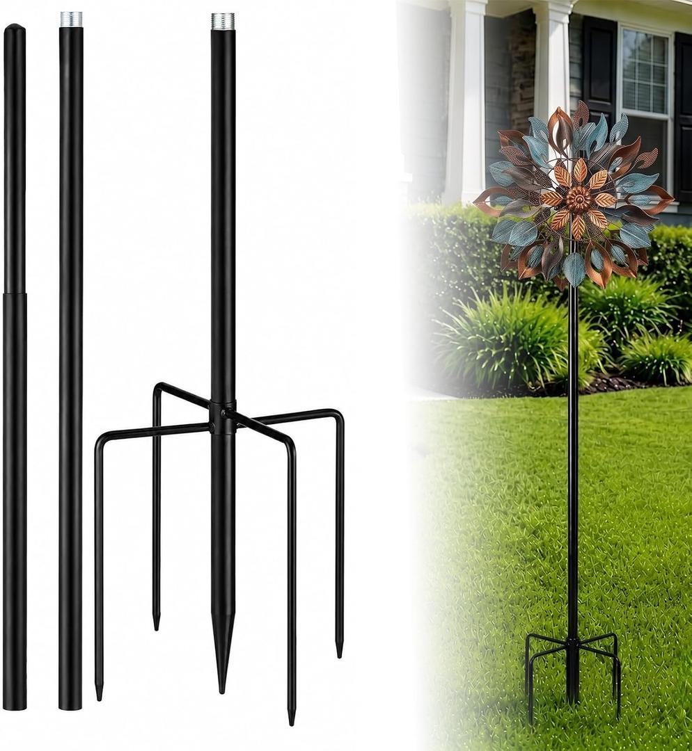 Heavy Duty Wind Spinner Replacement Pole, 72"/48" Adjustable 3-Piece Garden Windmill Parts with 5-Prong Base 22mm Thick Metal Pole, Sturdy & Wind-Resistant, Easy Assembly