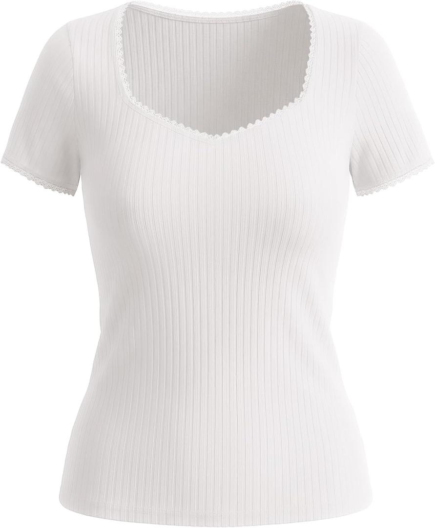 Belle Poque Women's Short Sleeve Square Neck Tops Slim Fit Ribbed Knit Basic Tee Tops Spring Summer Casual 2026 (L)