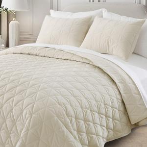 Corduroy Quilt Set Queen 90"x90", Lightweight All-Season Quilt with 2 Pillow Shams, Soft Fine-Striped Quilted Bed Cover, Beige