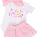 Unique Baby Girls 3 Piece Snuggle Bunny Easter Romper Outfit Set (6 Months, Pink)