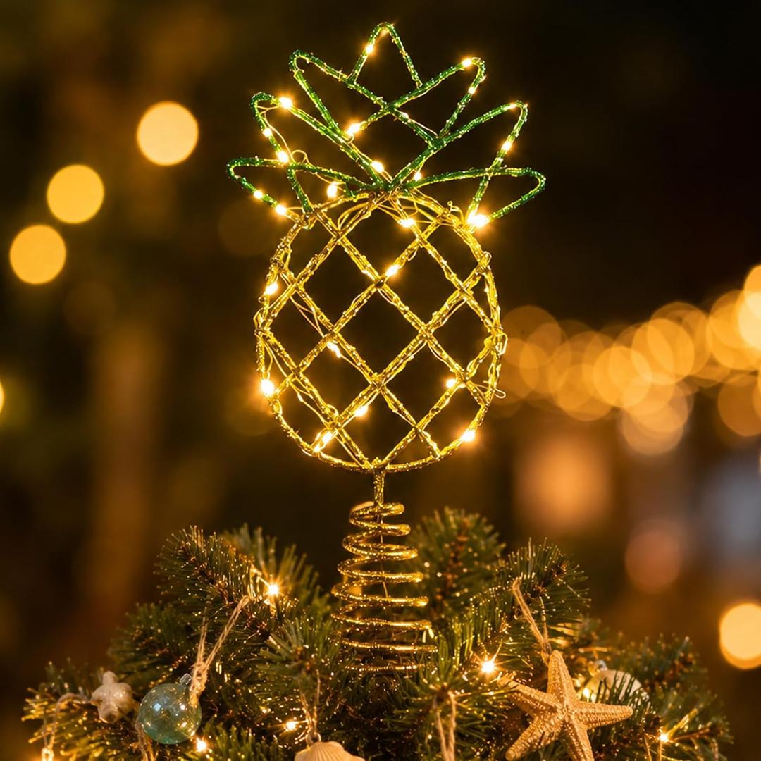 12" Gold Shiny Pineapple Summer Tree Topper with LED Lights, 11.62" H x 4.91" W