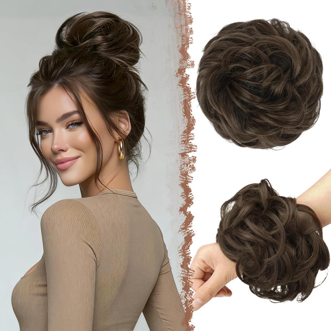 FESHFEN Large Messy Bun Hair Piece - Wavy Synthetic Chignon Scrunchies Elastic Ponytail Hair Extensions Thick Hairpieces for Women, Golden Brown 1.94oz