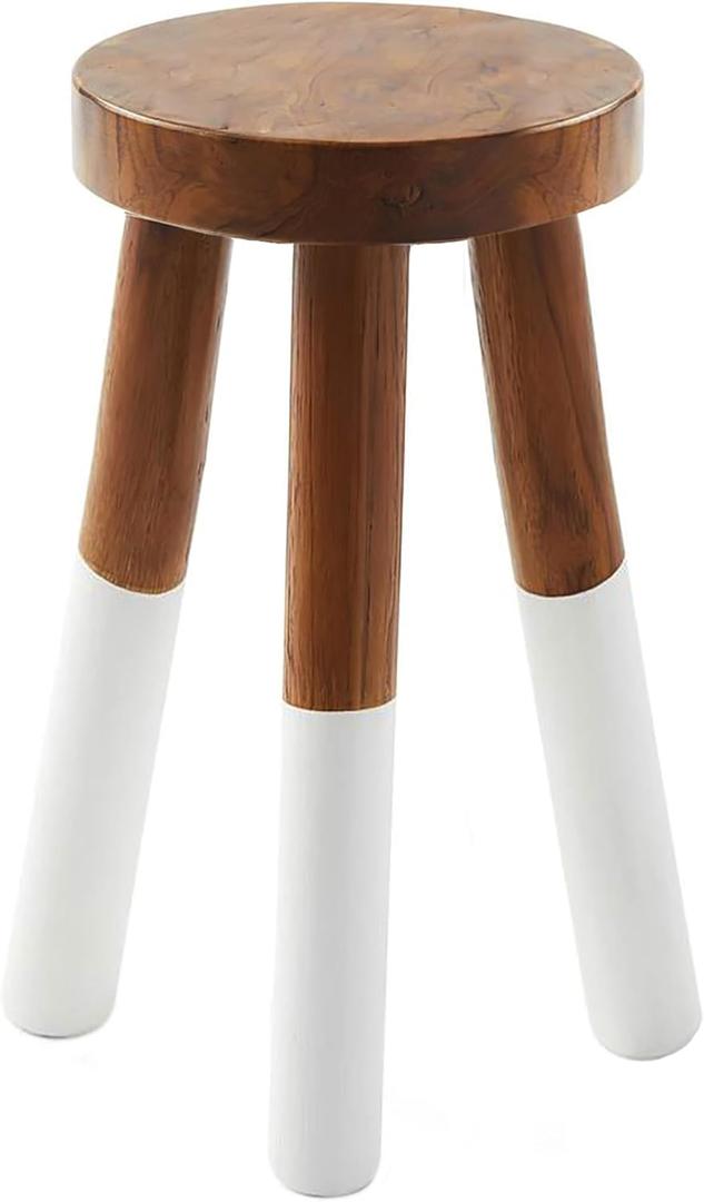 Teak 11.8" Round Dip Dyed Teak Stool | Wood Accent Side Table | Wood Plant Stand (24" Tall White)