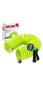 Yereen 50 Ft x 3/8'' Coil Garden Hose EVA Recoil Garden Self Coiling Expanding Water Hose with 6 Function Spray Nozzle Universal 3/4'' Brass Connector Fitting for Outdoor Yard