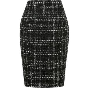 IDEALSANXUN Plaid Skirts for Women Fall Winter Knee Length Pencil Wool Skirt with Slit (Medium, Tweed Black)