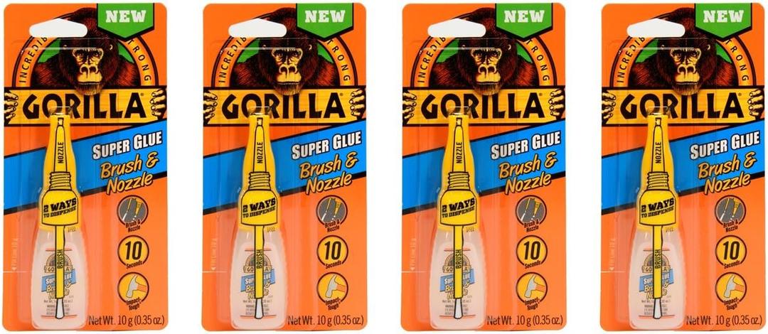 Gorilla Super Glue with Brush & Nozzle Applicator, 10 Gram, Clear, (Pack of 4)