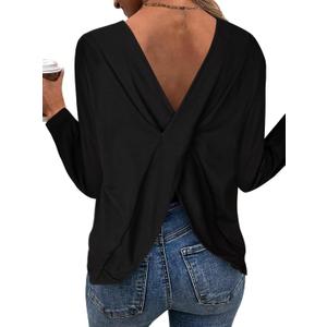 LilyCoco Women's Open Back Long Sleeve Tops Crewneck Loose Fit T Shirt (X-Large, Black)