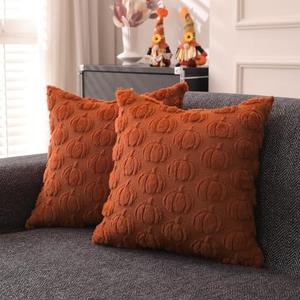 LOMCHEN Fall Pillow Covers 18x18 inch Set of 2 for Fall Decorations Autumn Rust Pumpkin Soft Plush Faux Fur Wool Throw Pillow Cushion Covers for Sofa Living Room Couch Bed Home Decor