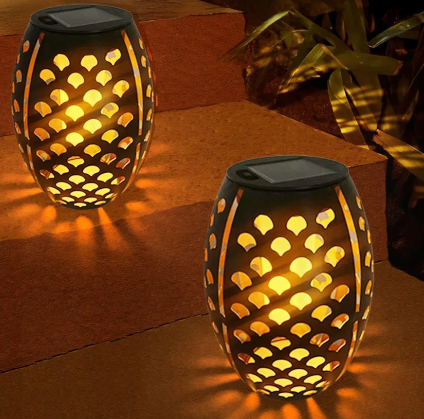 2PCS Solar Table Lanterns with Flickering Flame Light Outdoor Waterproof, Metal Desktop Decorative Lamp with Hollow Design for Tabletop Garden, 7.3" H Black Shell