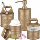 Autumn Alley Antique Gold Bathroom Accessories Set 4 - Farmhouse Soap Dispenser, Toothbrush Holder, 2 Apothecary Jars Qtip Holder - Gold Bathroom Decor Rustic Farmhouse Bathroom Accessories