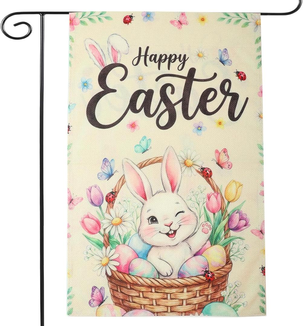 7 x Happy Easter Garden Flag - Gift Ready Packed - Easter Decorations Outdoor, Spring Decor Premium Linen Yard Flags for Outside, Winking Bunny & Eggs 12x18 Inch Double Sided (Beige)