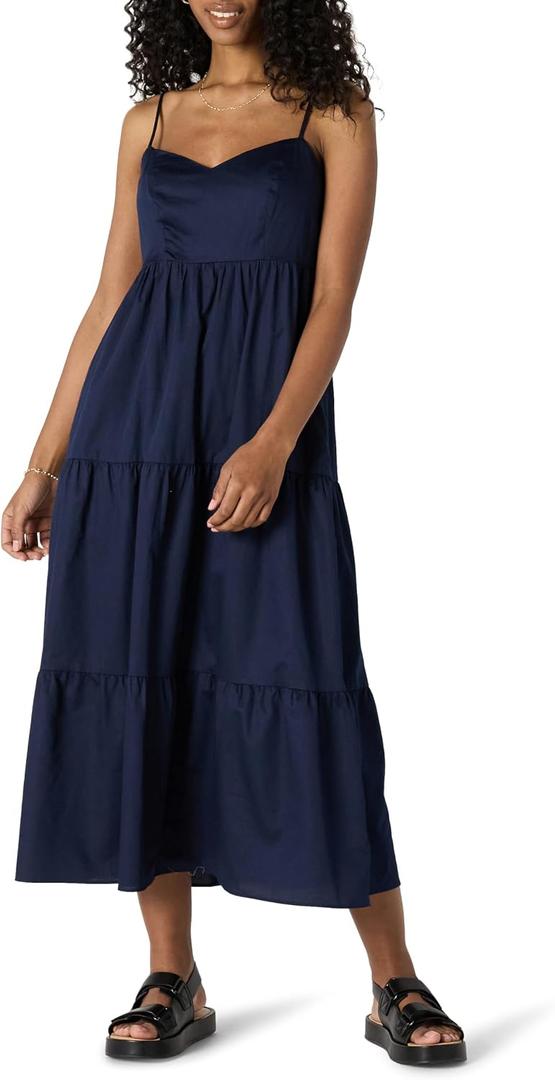 Amazon Essentials Women's Fit and Flare Empire Waist Sweetheart Neck Cotton Sateen Tiered Maxi Dress S
