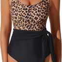 RXRXCOCO Women One Piece Swimsuit Tummy Control Cute Waist Tie Slimming Bathing Suit Cutout Full Coverage Swimwear Leopard XL (XL)