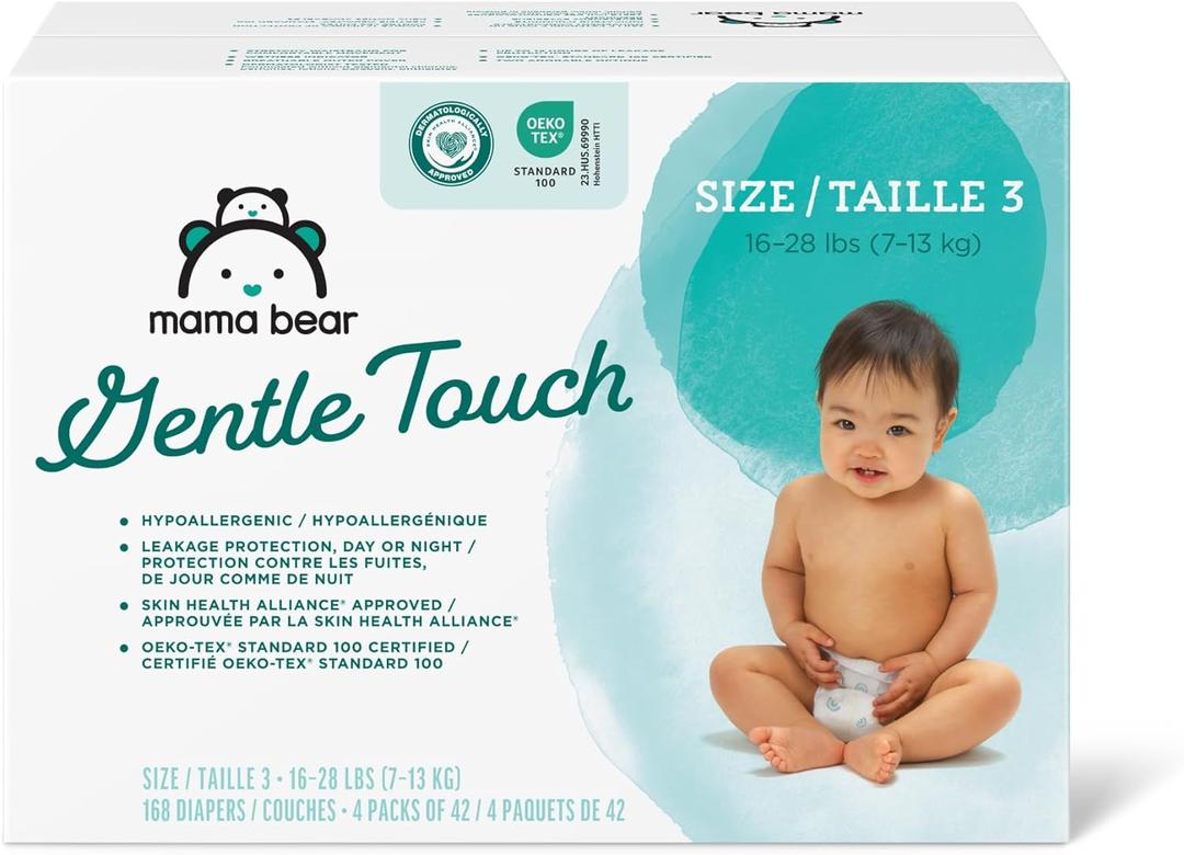 Amazon Brand - Mama Bear Gentle Touch Diapers, Hypoallergenic, Size 3, 168 Count (4 packs of 42), White