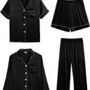 SWOMOG Women 4Pcs Silk Pajamas Set Button Down Sleepwear Loungewear Pj Sets for Ladies Nightwear (Medium, Black)