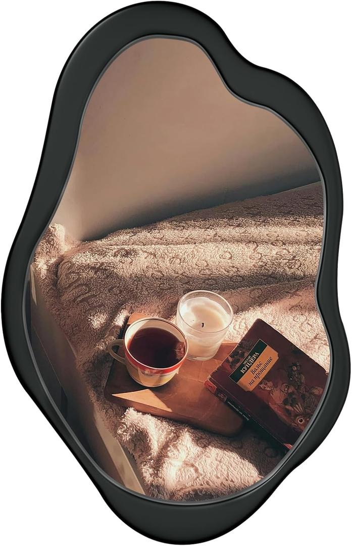 24"x 15" Black Wavy Wall Mirror Wood Frame, Modern Decorative Asymmetrical Mirror for Bedroom, Living Room, Entryway