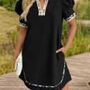 Wenrine Womens Puff Short Sleeve Mini Dress Casual V Neck Color Block Leopard Loose Beach Summer Dresses with Pockets (Black, M)