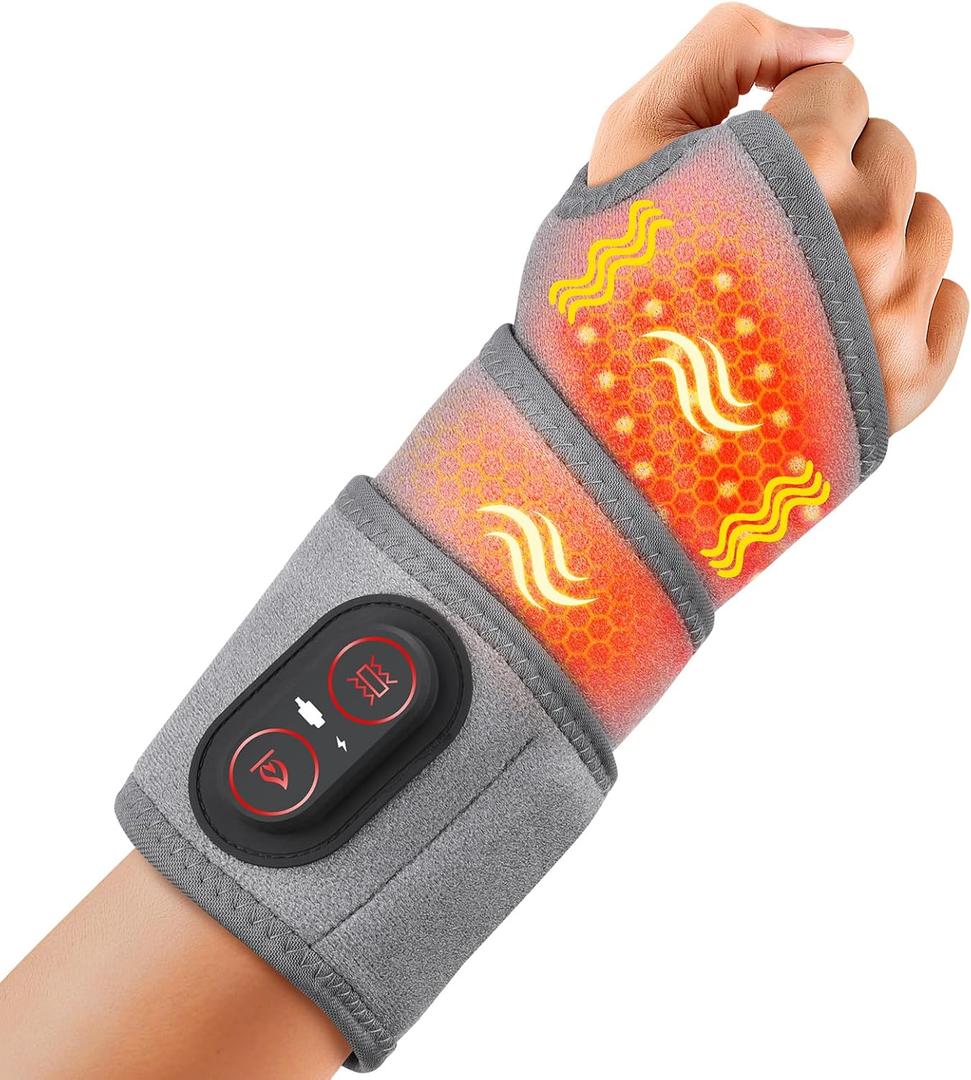 Cordless Wrist Heating Pad for Pain Relief, Wrist Massager for Carpal Tunnel, Heated Wrist Wrap Brace for Arthritis, Red Light Therapy Wrist Brace with 3000mAh Rechargeable, Gray