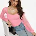 REORIA Women's 2025 Fall Casual Mesh Long Sleeve Square Neck Tops Trendy Cute Dressy Slim Fit Going Out T-Shirts (Pink, L)