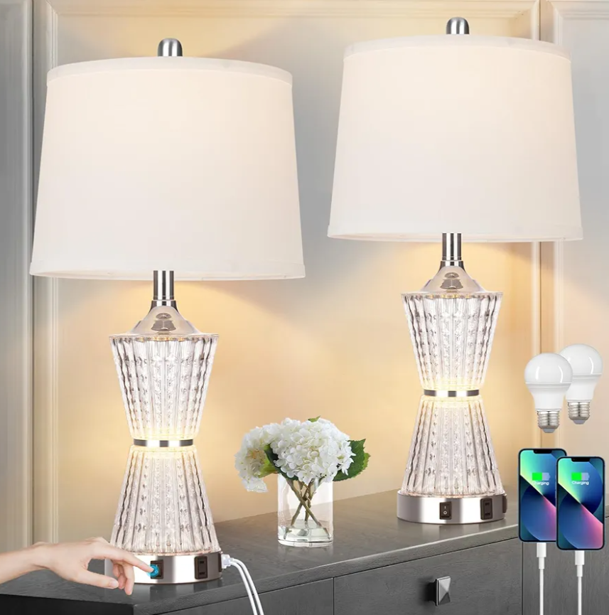 26" Modern Table Lamps, Set of 2 Table Lamp Night Light with 2 USB Charging Ports & AC Outlet, Bedside Nightstand Lamp White Shade for Living Room Bedroom Home Decor Silver(LED Bulbs Included)