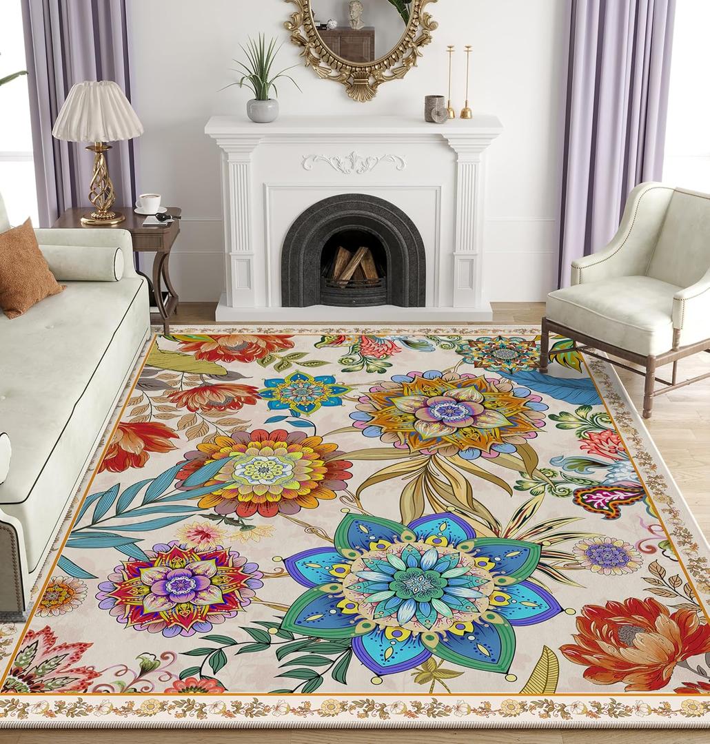 Boho Floral Area Rug for Living Room, Bedroom, Dining Room 5'x7' - Farmhouse Flower Carpet, Non-Slip, Machine Washable - Vintage Aesthetic Decor