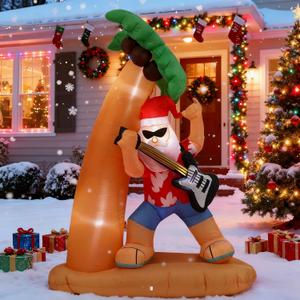 7FT Santa Claus Playing Guitar Under Coconut Tree Christmas Inflatable Decoration with LED Lights, Suitable for Holiday Celebration Decorations on Yards, Lawns and Patios