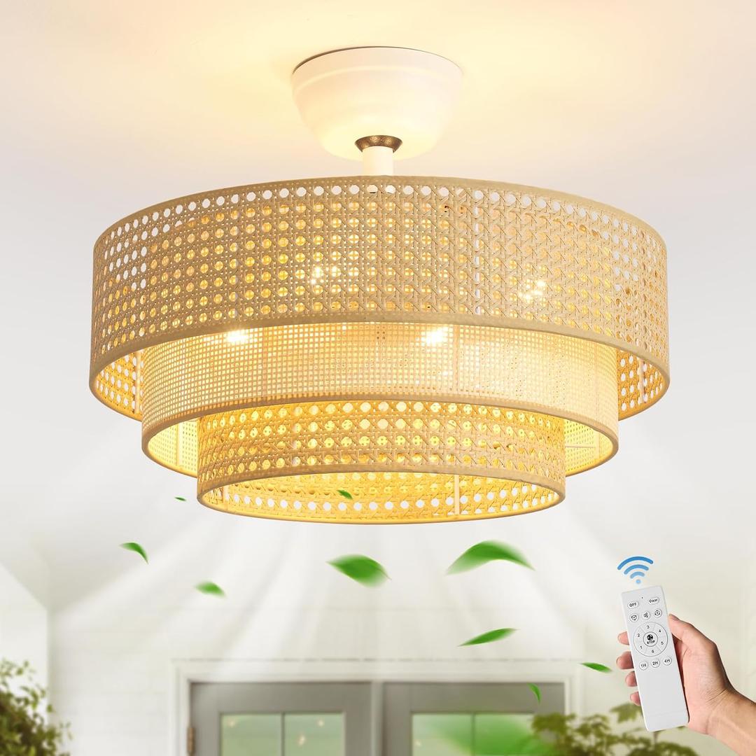20" Boho Ceiling Fan with Light, Triple Rattan Ceiling Fans with Lights and Remote Control, Coastal Enclosed Fandelier with 6 Speeds for Bedroom, Kitchen, Dining Room