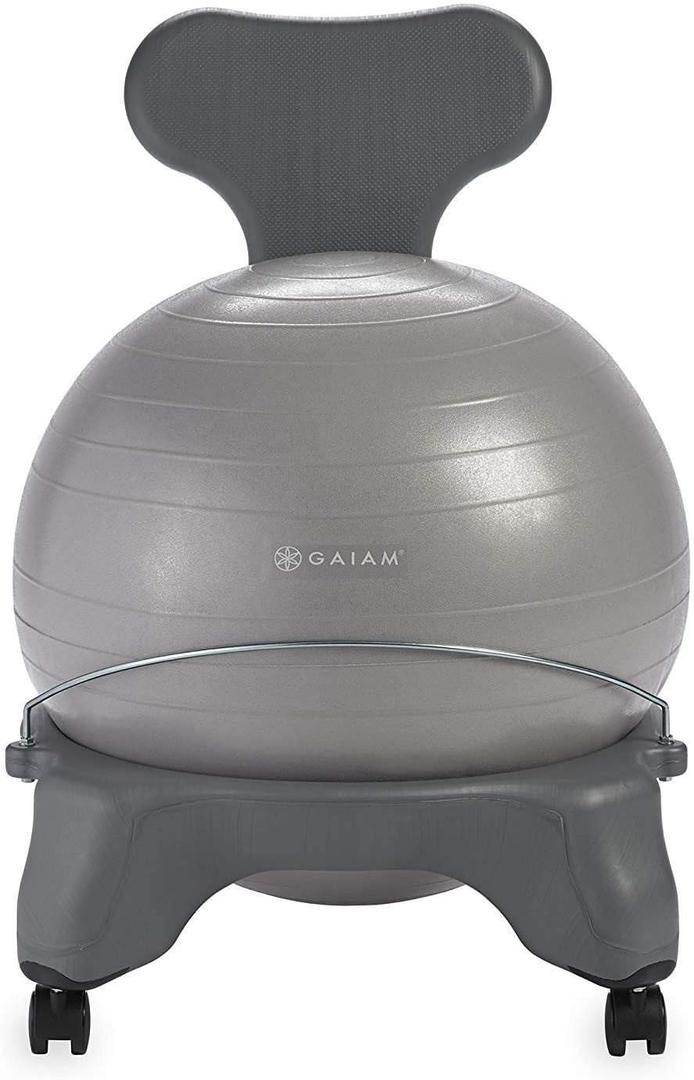 Gaiam Classic Balance Ball Chair  Ergonomic Stability Chair for Desk & Office | Yoga Ball Seat with Base, Air Pump, & Exercise Guide | Improves Posture & Core Strength (300 lb Capacity) (Cool Grey)