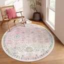 Lahome Light Pink Boho Rug 6ft, Circle Washable Area Rugs for Playroom Kids Room, Soft Floral Nursery Round Carpet Non Slip, Pastel Floor Carpet for Bedroom Living Room