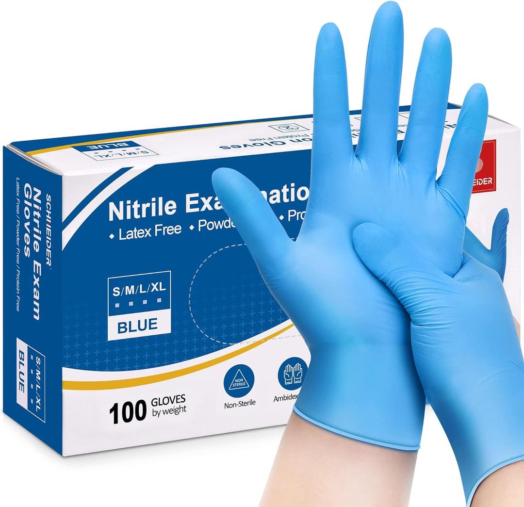 Schneider Nitrile Exam Gloves, 4 Mil, Blue, Large 100-ct Box, Disposable Latex/ Powder-Free, Food Safe Rubber Medical/ Cleaning Gloves for Cooking & Food Prep, Non-Sterile
 (Large)