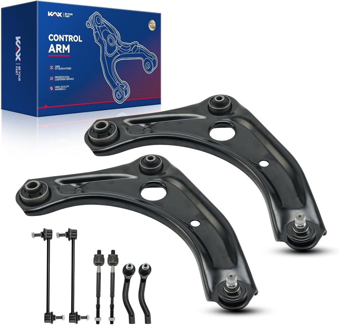 KAX Front End Control Arms Kit for 2012-2019 Nissan Versa/Versa Note 8pcs | 2 Lower Control Arms w/Ball Joints+4 Inner & Outer Tie Rods+2 Sway Bars, Suspension Kit K621577 K621576