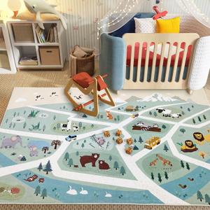 Kids Play Mat Zoo Animal Car Road Rug 6Ft Large Playroom Classroom Rug Adventure Area Rug for Boys Girls Children Educational Mat for Bedroom Nursery Decor, 4x6Ft, Green