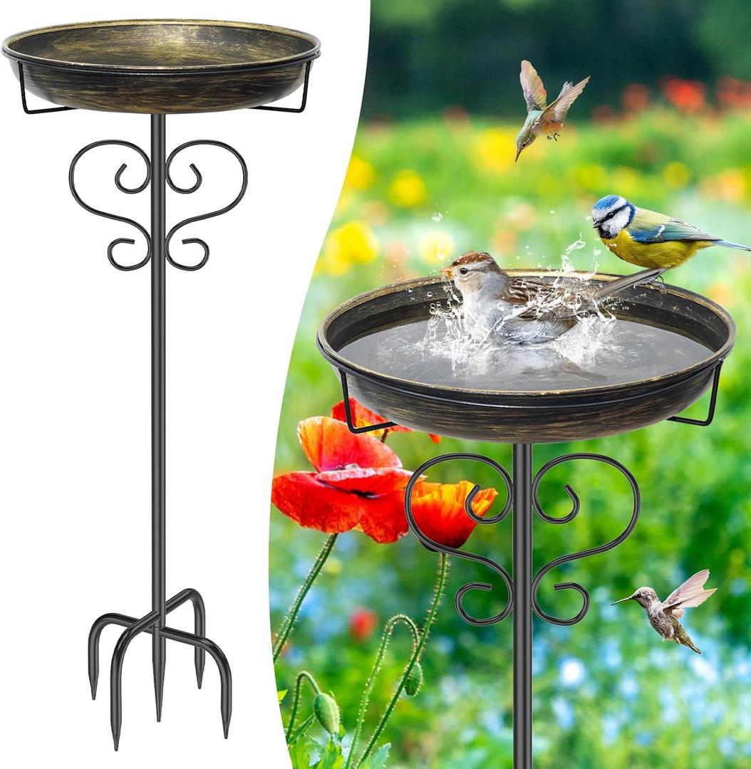 DAYSUP Bird Bath for Outside,Freestanding Metal Bird Bath Feeder with Heavy Duty 5 Prong Stake, Garden Birdbath Birdfeeder Bowl for Yard Lawn Patio Decor (Vintage Gold)