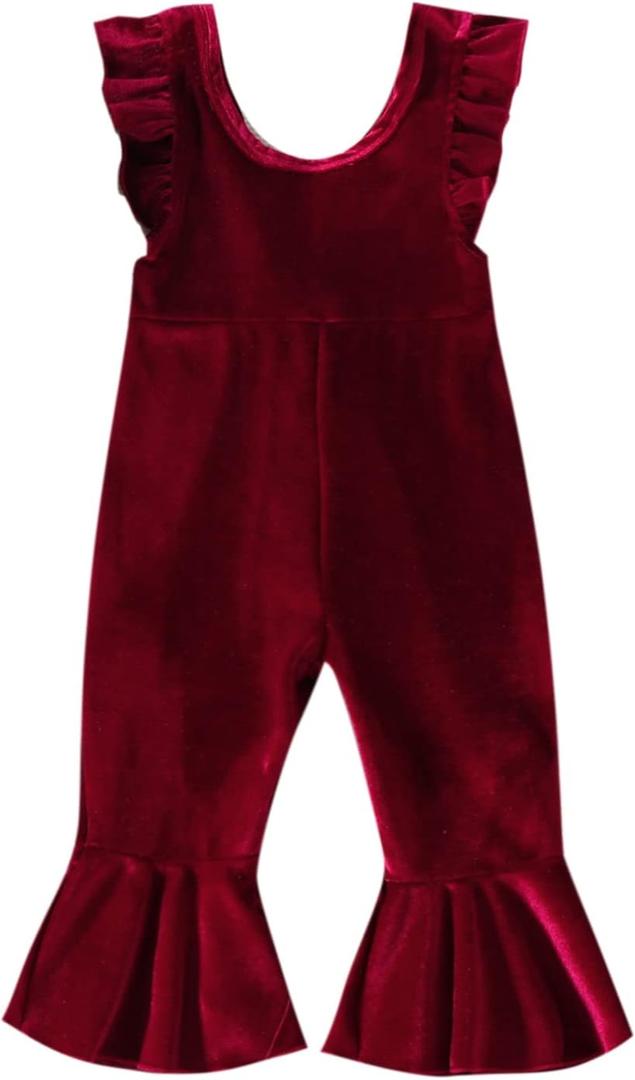 YOKJZJD Infant Toddler Baby Girl Velvet Romper Jumpsuit Overalls Bell Bottom Pants Fall Suspender Leggings Christmas Outfits (12-18 Months, A-wine Red)