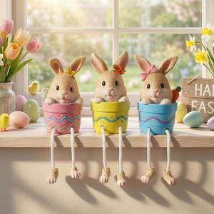 Amyhill Set of 3 Easter Home Decor Indoor, Resin Egg Bunny Figurines Shelf Sitters with Dangling Legs, Easter Table Fireplace Decor for Indoor Home, Spring Holiday Decorations