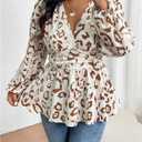 SOLY HUX Women's Plus Size Leopard Print Blouse V Neck Lantern Long Sleeve Peplum Ruffle Hem Flowy Tops (White, L)