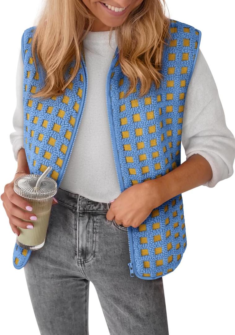 Womens Sherpa Vest Sleeveless Plaid Zip Up High Neck Warm Fleece Gilet Outerwear Crop Jackets with Pockets (Small, Blue)