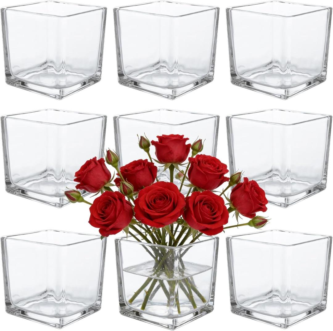 9 Pack 4 x 4 x 4 Inch Square Glass Vases, Clear Square Vases for Centerpieces, Glass Cube Flower Vases Short Vases for Candle Holder Events Wedding Party Home Decoration