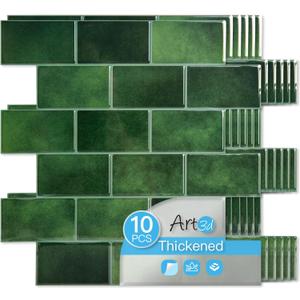 Art3d Peel and Stick Green Wall Tiles  12"x12" Thicker Design Backsplash, Self-Adhesive Tile for Kitchen & Bathroom Renovation