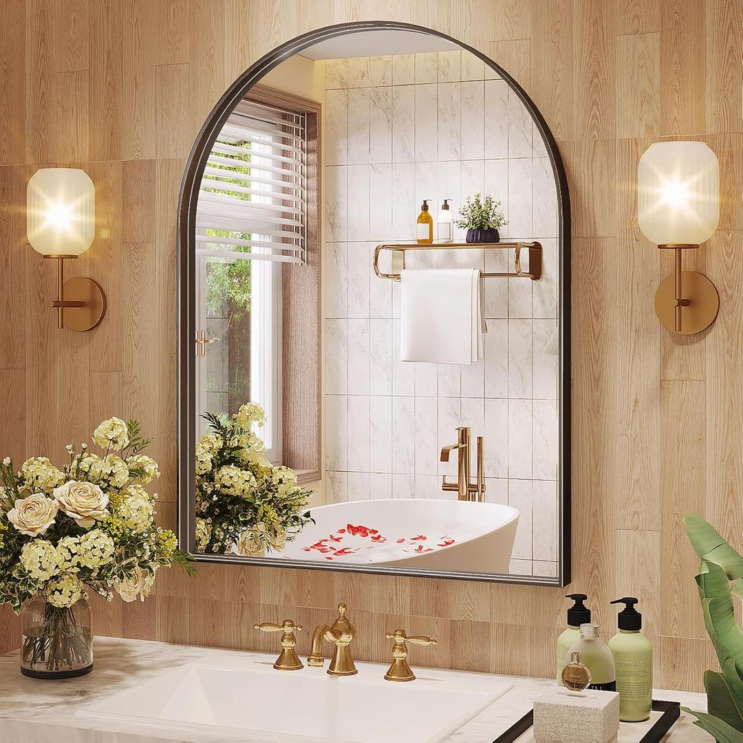 Arch Mirror, 24 x 32 Inch Black Arch Mirror for Bathroom, Arched Wall Mirror, Aluminum Alloy Frame Black Bathroom Vanity Mirror for Living Room Bedroom Entryway Mantel Hallways Decor