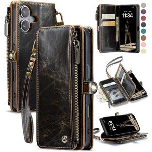 Defencase Compatible with iPhone 16 Case Wallet with RFID Blocking Card Holder for Women and Men, Fashion PU Leather Magnetic Snap Flip Zipper Strap Wallet Phone Case for iPhone 16 6.1", Coffee