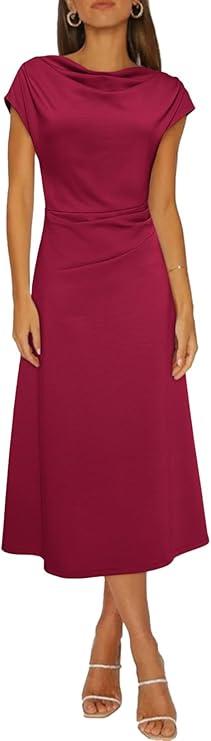 Happy Sailed Women's Spring Summer Short Sleeve Cowl Neck Ruched Waist Flowy A Line Midi Dresses Party Cocktail Dress, M, Wine Red