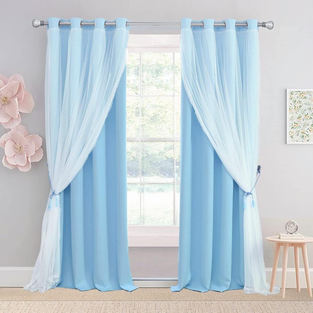Light Blue Blackout Curtains 84 inch Length - Double Layers Blue Romantic Curtains with Sheer Overlay, Window Curtains & Drapes for Kids/Girls/Boys Bedroom Living Room Nursery, 2 PCs