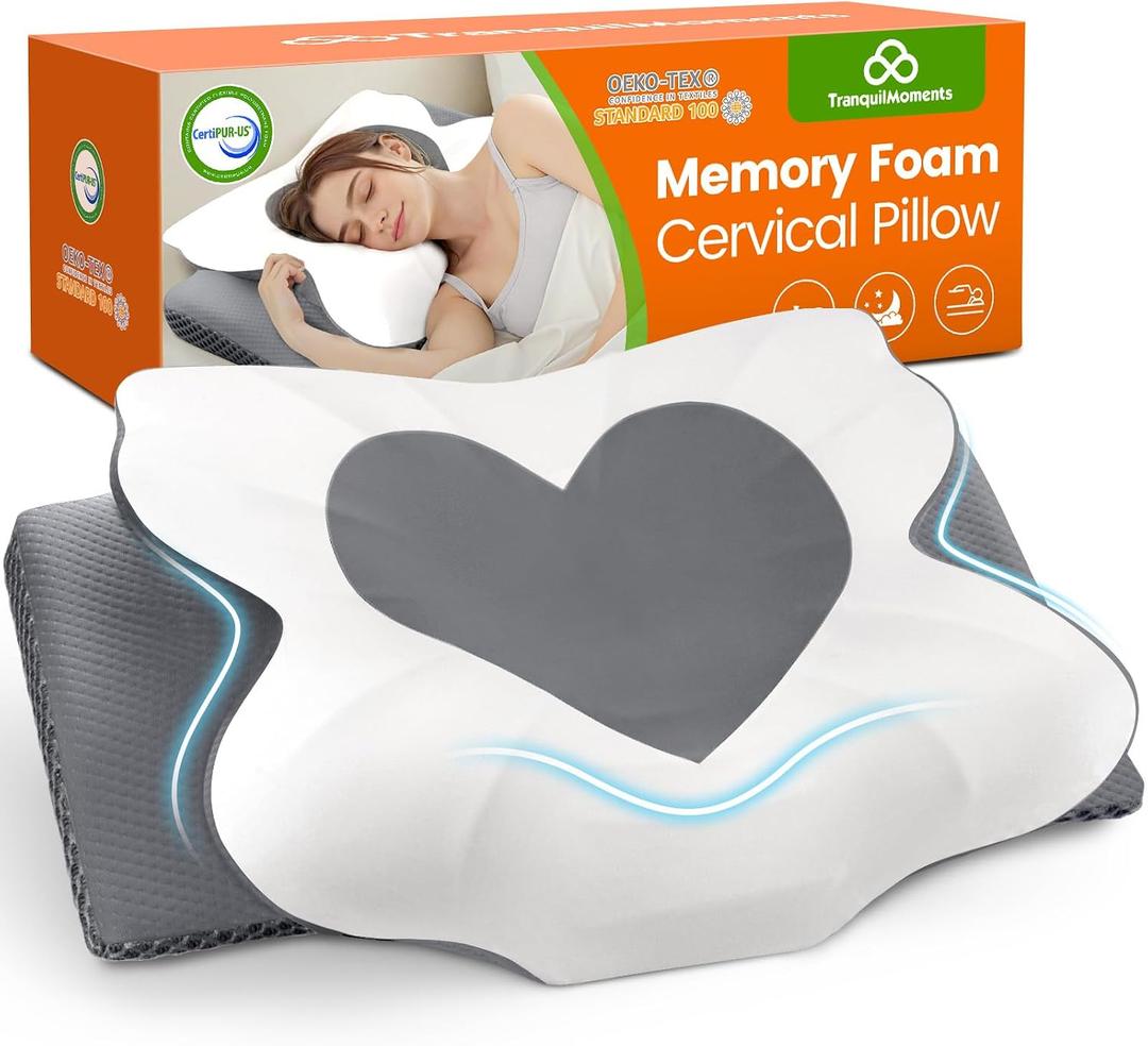 2 x Cervical Neck Pillow for Sleeping, Memory Foam Pillow for Neck Support, Ergonomic Pillow for Pain Relief, Contour Bed Pillow for Side Back Stomach Sleepers, Grey, Queen Size