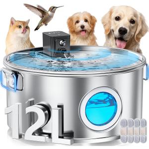 3.4Gal Wireless Automatic Dog Water Fountain for Large Dogs12L Stainless Steel 3 Modes Dog Fountain Water Bowl Dispenser, Multi Large Pet Water Fountain Ultra Quiet & Multi-Filteration