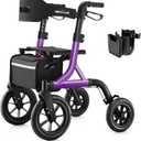 MAXWALK Walkers for Seniors, Rollator Walker with Seat, 12" Big Rubber Wheels All Terrain Rollator Walker with Backrest, Built-in Cable, Cup Holder, Foldable and Height Adjustment for Seniors, Purple